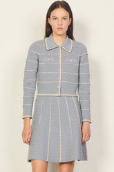 Zweiteiliges Minikleid mit gewelltem, gestreiftem Cardigan-Strickrock - Blau