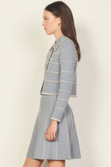 Zweiteiliges Minikleid mit gewelltem, gestreiftem Cardigan-Strickrock - Blau