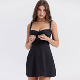 Ruched Tie Front Sleeveless Corset Mini Dress - Black