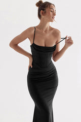 Maxi-Abendkleid mit eckigem Ausschnitt, gerüschtem Korsett und Fischschwanz - Schwarz