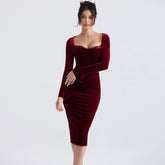 Samt Langarm Spitzenbesatz Mesh Panel Korsett Bodycon Midikleid - Burgund