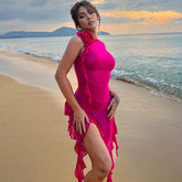 3D Flower Ruffle Trim Sleeveless Club Dress - Hot Pink