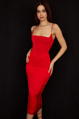 Seidiges Satin-Cocktailparty-Midikleid mit quadratischem Ausschnitt und Camisole-Unterkleid - Rot