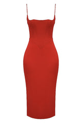 Seidiges Satin-Cocktailparty-Midikleid mit quadratischem Ausschnitt und Camisole-Unterkleid - Rot
