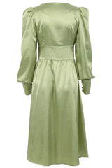 Seidiges Satin-Midikleid mit V-Ausschnitt und Puffärmeln und Knopfleiste im französischen Stil - Grün