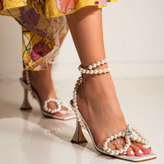 Funkelnde Perlenriemen Einzigartige High Heels Schmetterling Sandalen - Weiß
