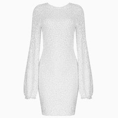 Glitzerndes Pailletten Spitzen Langarm Party Minikleid - Weiß