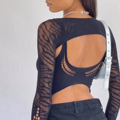 Stilvolles gestricktes, langärmliges Crop-Top mit Leiterausschnitt und Lagenmuster - Schwarz