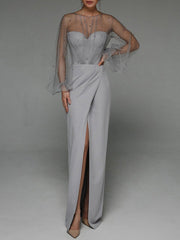 Abendkleid mit Tube-Top und Netzstoff und Perlen