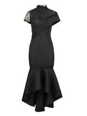 Partykleid mit Rundhalsausschnitt, transparenter Spitze, kurzen Ärmeln und hoher Taille und Rüschen