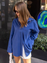 Temperament Volltonfarbe Revers Langarm Shirt Damen Top