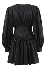 Swingy Floral Jacquard Fit & Flare Langarm-Minikleid - Schwarz