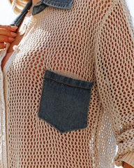 Tamika – Strickoberteil mit Knopfleiste und Denim-Besatz – Haferflocken