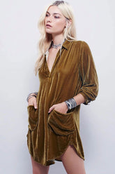 Vintage Samt Minikleid mit Kragen und V-Ausschnitt und langen Ärmeln - Khaki