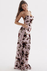 Vintage Wasserfallausschnitt Bedrucktes Mesh Cami Rückenfreies Fishtail Slip Maxikleid - Blumen