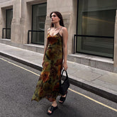 Vintage Blumendruck V-Ausschnitt Slip A-Linie Maxikleid - Grün