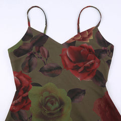 Vintage Blumendruck V-Ausschnitt Slip A-Linie Maxikleid - Grün