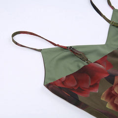 Vintage Blumendruck V-Ausschnitt Slip A-Linie Maxikleid - Grün