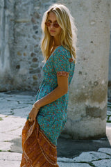 Vintage Blumendruck Empire Taille Boho Kleid - Teal Blue