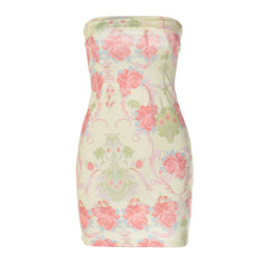 Vintage Blumendruck Foldover Detail Bodycon Trägerloses Minikleid - Beige