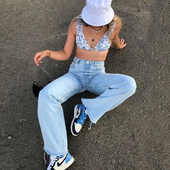 Vintage High Waist Jeans mit ausgefranstem Saum und weitem Bein - Hellblau