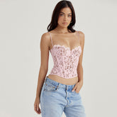 Vintage Spitze Satin Spaghettiträger Sweetheart Korsett Crop Top - Pink