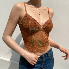 Vintage Spitzen-Tanktop mit herzförmigem Ausschnitt und Blumenmuster, transparentem Netzstoff, kurz, Braun