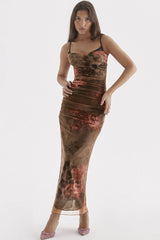 Vintage Sweetheart Rüschenbesatz Bedrucktes Mesh Slip Maxikleid - Blumen