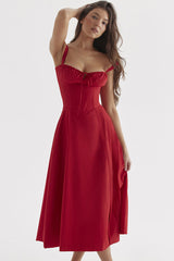 Vintage Fit & Flare Midi-Sommerkleid mit Schnürung vorne und Schnürung hinten - Rot