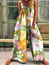 Vintage Print Loose Suspenders Wide-Leg Jumpsuit Ins Street