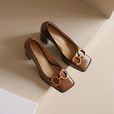 Faigy Square Toe Gold Chain Heels Brown NEW GEW