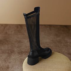 Evie, schwarze kniehohe Stiefel aus Netzstoff mit Absatz