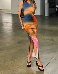 Vestido largo con abertura y degradado color tierra 