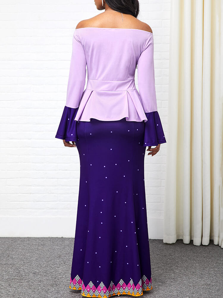 Langärmliges, figurbetontes Maxikleid mit Blumendruck und Rüschen