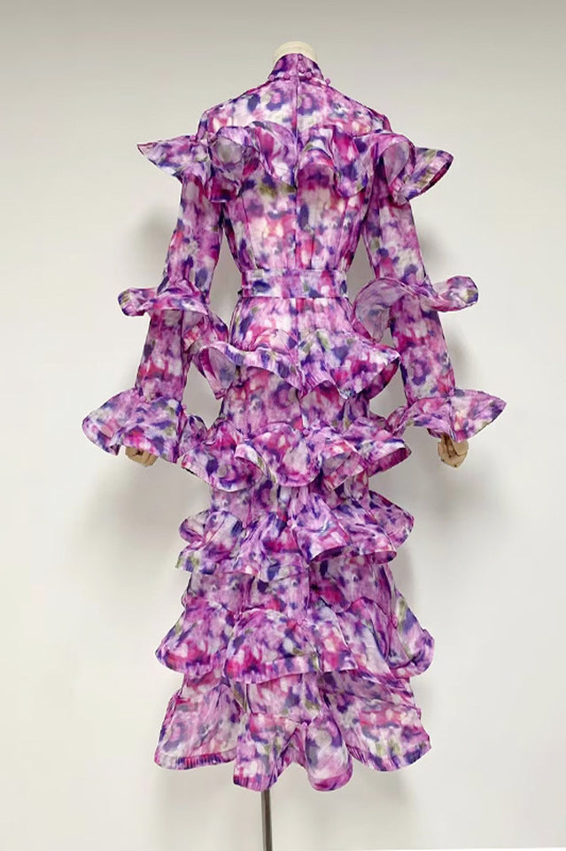 Midikleid aus Leinenmischung mit Stufenrüschen