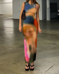 Vestido largo con abertura y degradado color tierra 