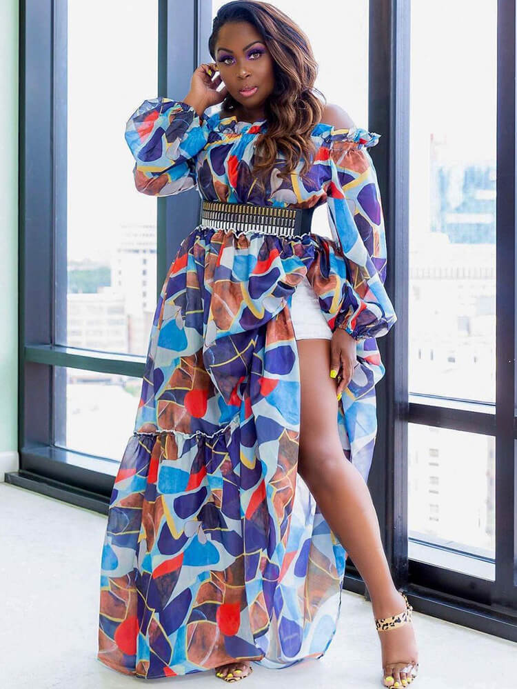Chiffon Off Shoulder Geometrisch Maxikleider