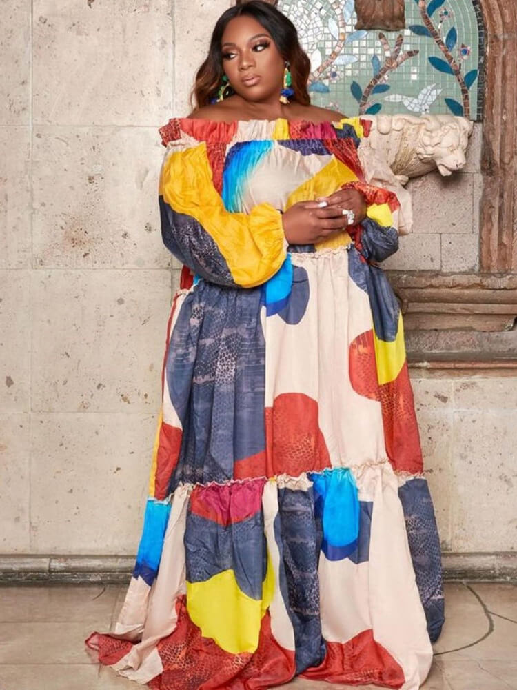 Chiffon Off Shoulder Geometrisch Maxikleider