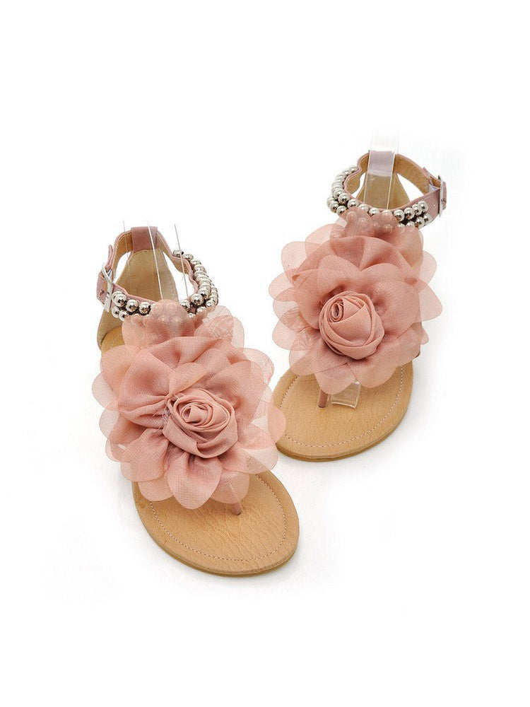 Flache Sandalen mit Blumen-String-Perlen und Knöchelriemen