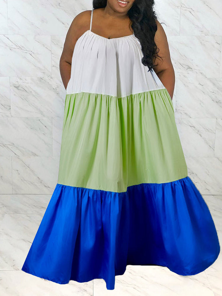 Vestido largo con bloques de color y tirantes finos