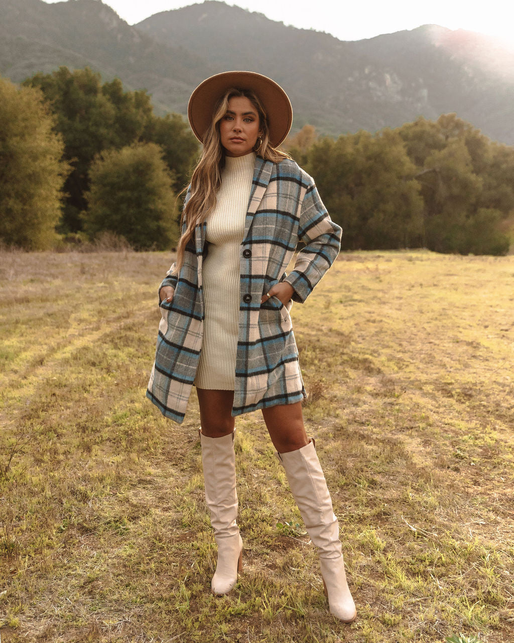 Igloo Pocketed Plaid Coat - Blue - FINAL SALE