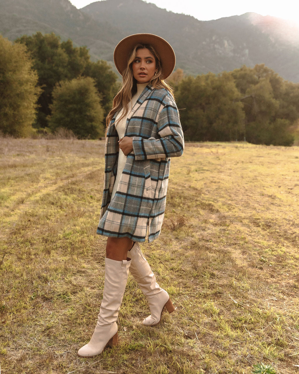 Igloo Pocketed Plaid Coat - Blue - FINAL SALE