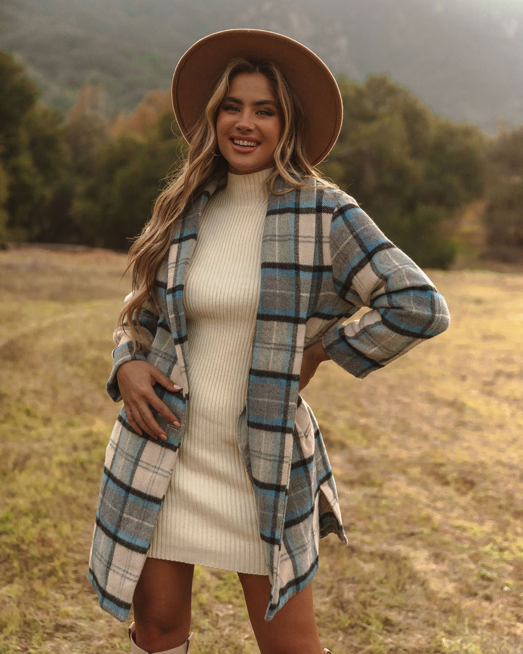 Igloo Pocketed Plaid Coat - Blue - FINAL SALE