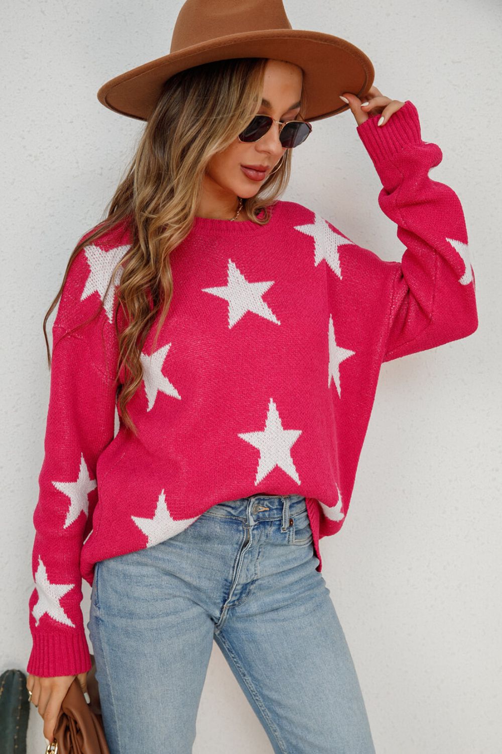 Star Pattern Dropped Shoulder Ribbed Trim Sweater