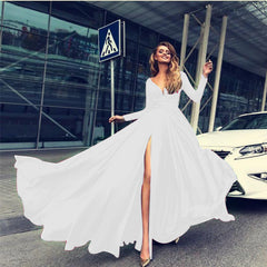 Langärmliges bodenlanges V-Ausschnitt-Split-Mode-Damenkleid