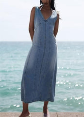 Retro-V-Ausschnitt ärmelloses Denim-A-Linien-Westenkleid