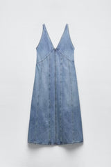 Retro-V-Ausschnitt ärmelloses Denim-A-Linien-Westenkleid