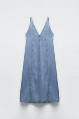 Retro-V-Ausschnitt ärmelloses Denim-A-Linien-Westenkleid