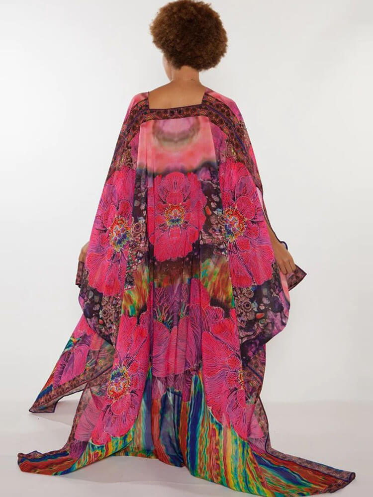 Langer Chiffon-Cardigan mit Blumenmuster und Schlitz