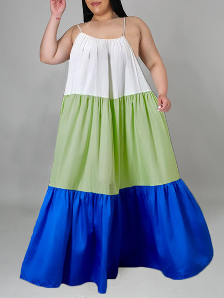 Vestido largo con bloques de color y tirantes finos